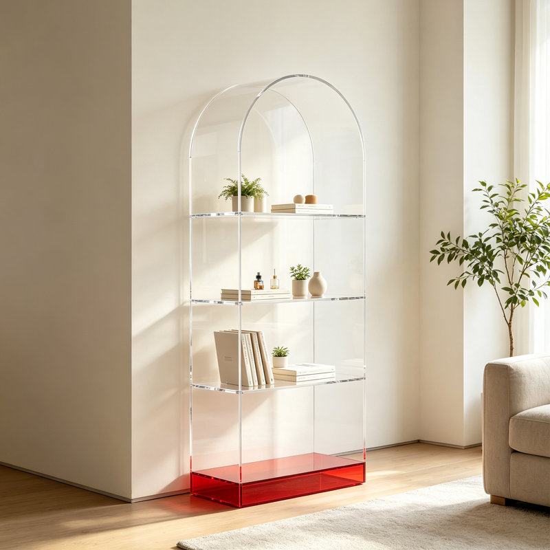 Bibliothèque moderne cintrée en acrylique à plusieurs niveaux, H 53,15 po x l 31,5 po x P 11,81 po, Clair