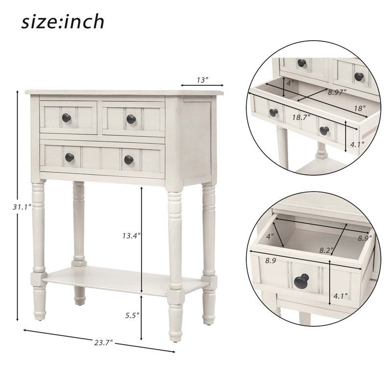 Barbe Narrow Console Table, Slim Sofa Table Sideboards Buffets with Three Storage Drawers and Bottom Shelf, Ivory