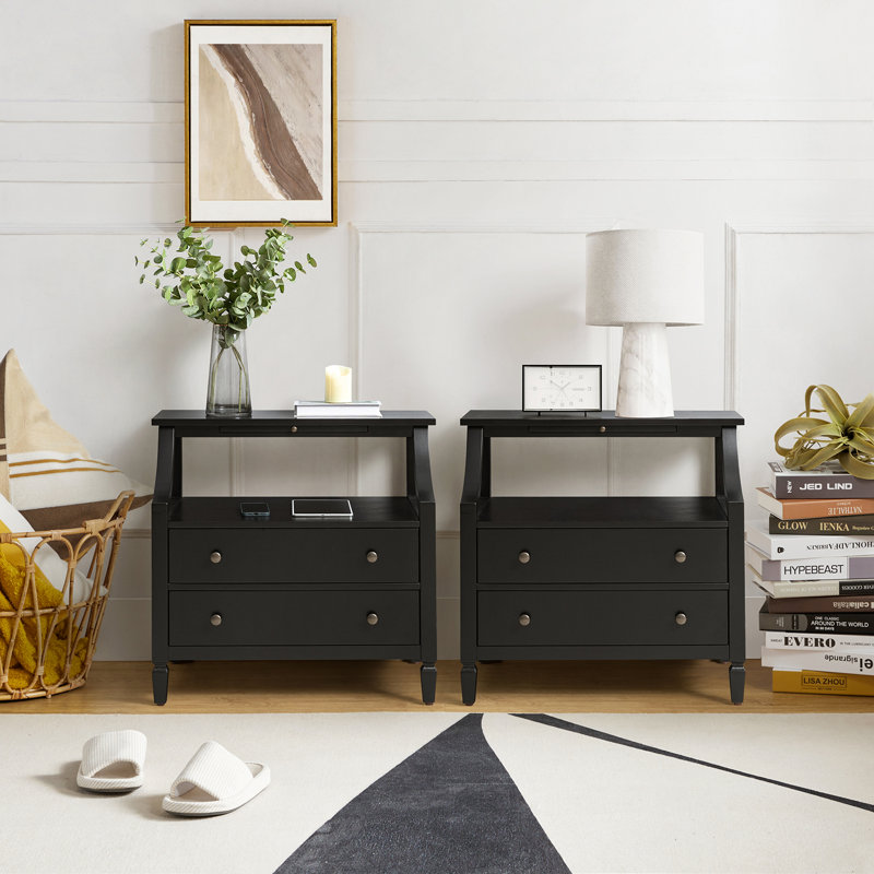 Areebe Transitional 30''W 2-Drawer Nightstand with Pull Out Tray and Charging Station, Black