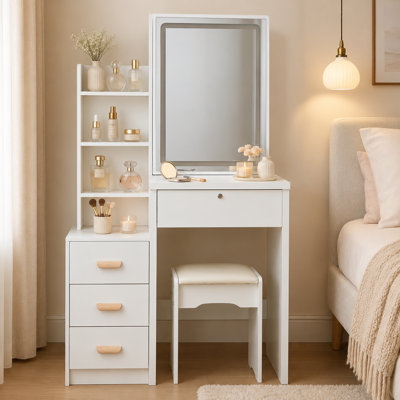 Minimalist white vanity set featuring an LED-lit mirror, storage unit, and upholstered stool; suitable for bedrooms and dressing rooms, for both adults and teenagers.