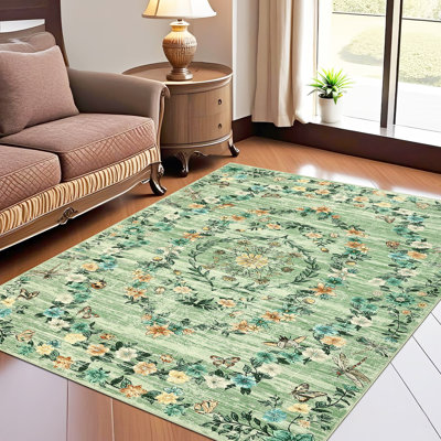 Washable Modern Floral Area Rug – Non-Slip Low Pile Faux Wool Carpet – Spot Resistant, Collapsible Accent Mat for Living Room, Bedroom, Dining Room, Office – Green, 8x10ft (244x305cm), USA, 1160GSM