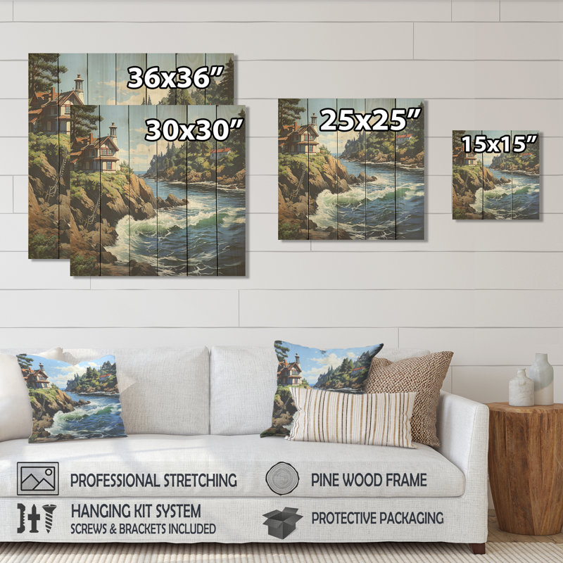 Cliffside Cottage By The Lake - Landscape Canvas On Wood Print, 15" H x 15" W