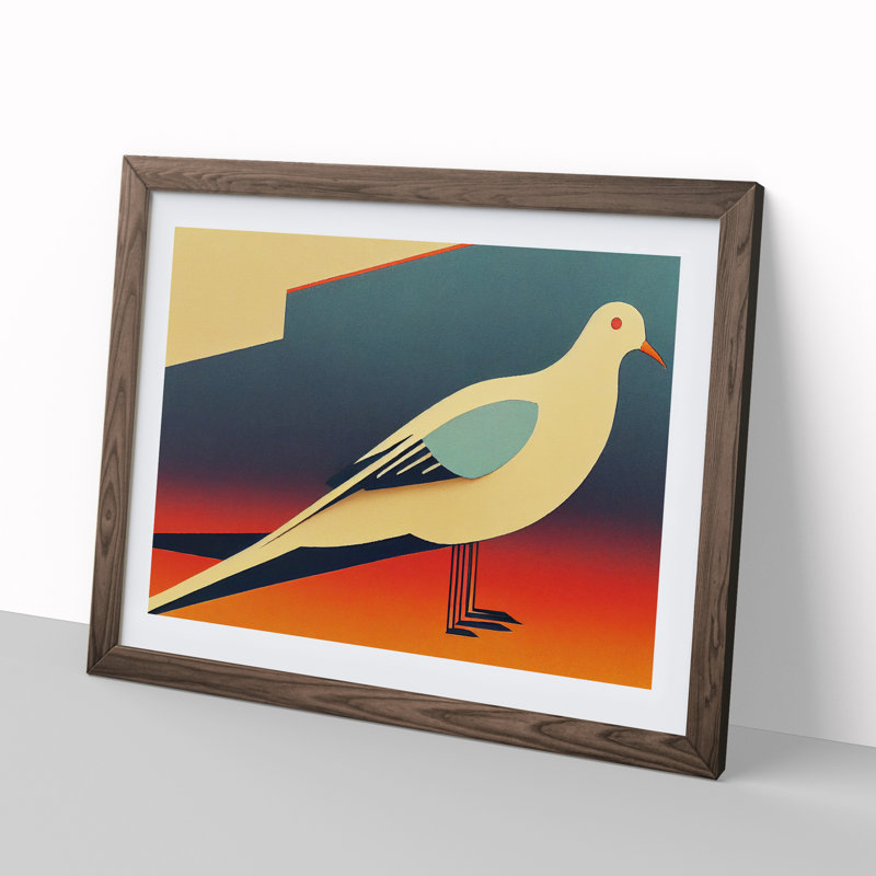 Dove Bird Deco Style Abstract - Single Picture Frame Print, 46cm H x 64cm W x 2cm D, Walnut