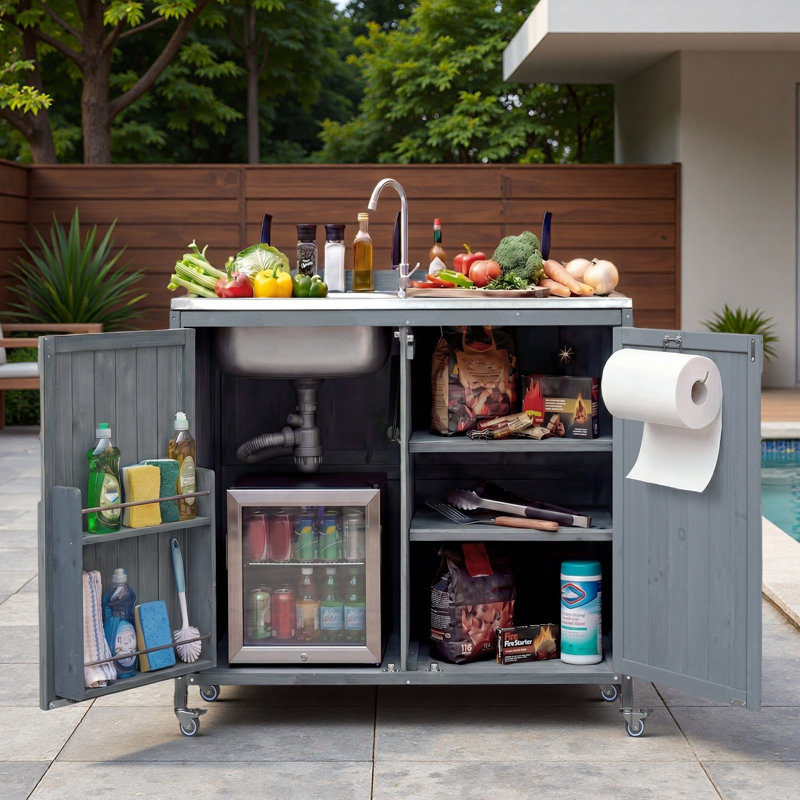 Îlot de cuisine extérieur avec évier en acier inoxydable, supports de rangement internes, tablettes et roues réglables