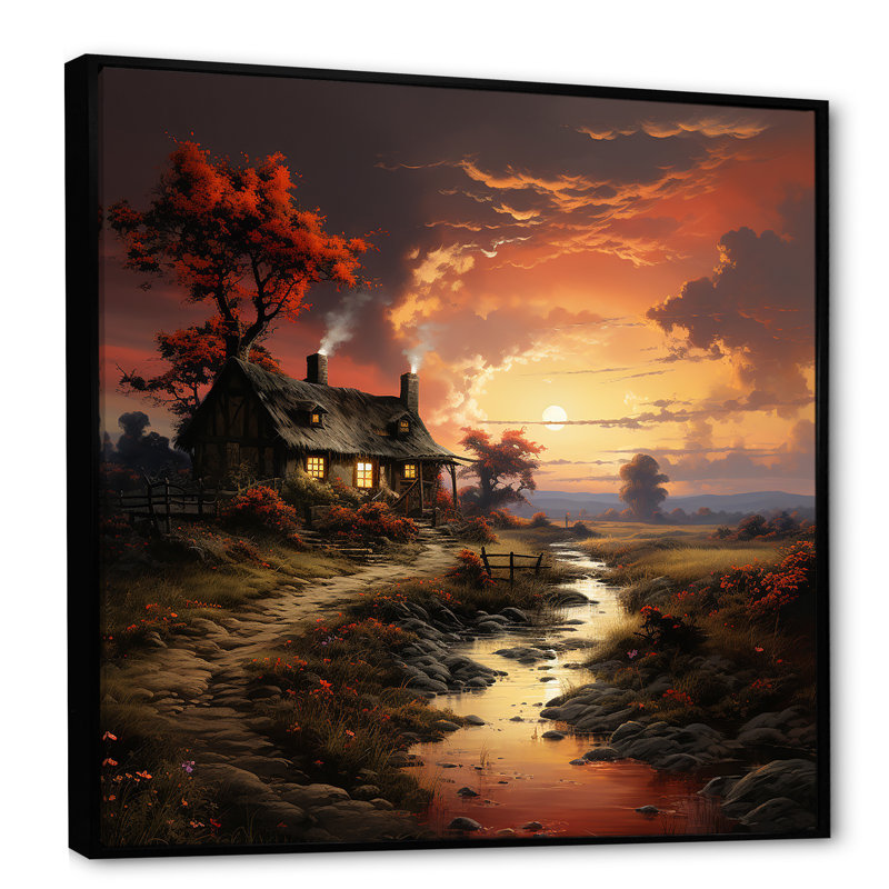 Cottage Sunset Sanctuary 1 - paysage, art mural sur toile, Cadre flottant noir, H 30 po x l 30 po x P 1,5 po
