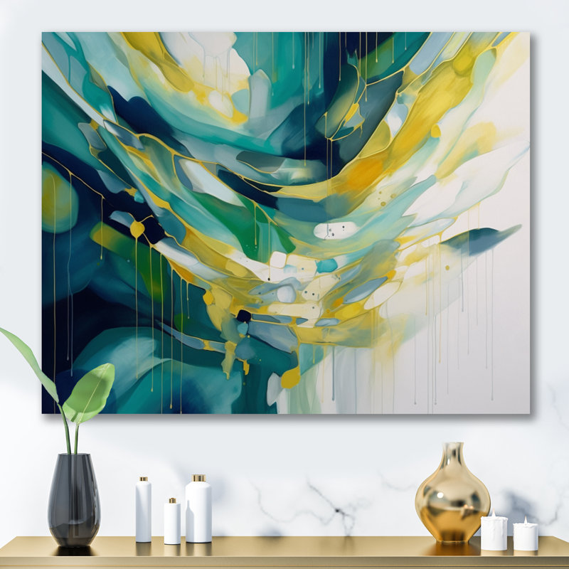 Impression sur toile jaune et turquoise, ordre complexe I - formes abstraites, Toile tendue, H 34 po x l 44 po x P 1,5 po