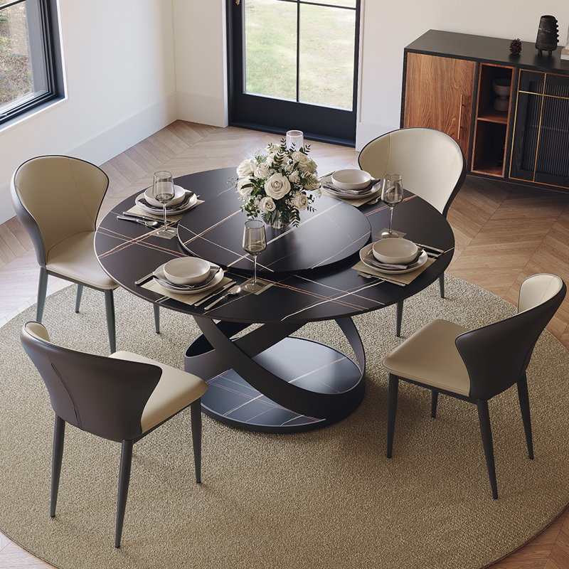 Suzzie Modern Round Turnable Dining Table for 4-6 with Sintered Stone Tabletop, Carbon Steel Base, Black