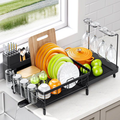 Égouttoir à vaisselle en acier inoxydable, égouttoir à vaisselle de très grande capacité, égouttoir à vaisselle extensible avec verres à vin, égouttoir à assiettes