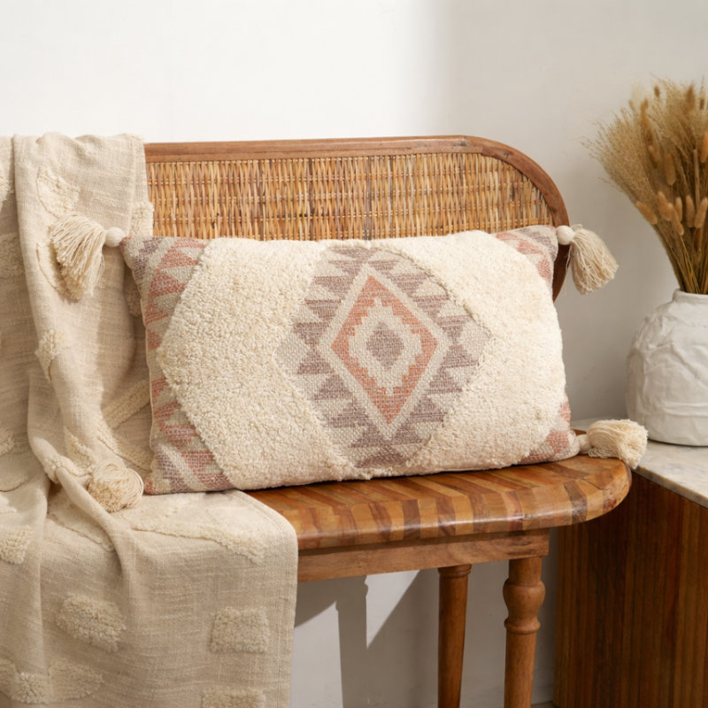 Beige Lumbar Cushion, Beige/Red Chevron, Rectangle 35cmH x 60cmW