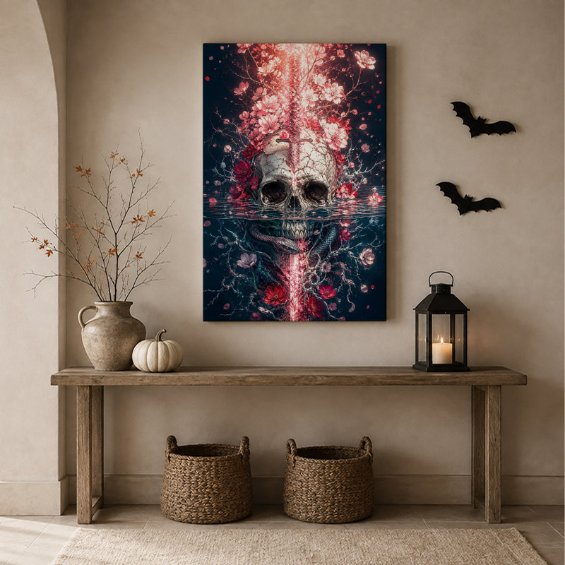 Art mural sur toile, "Crâne rougeoyant avec fleurs de cerisier et serpents", H 48 po x l 32 po
