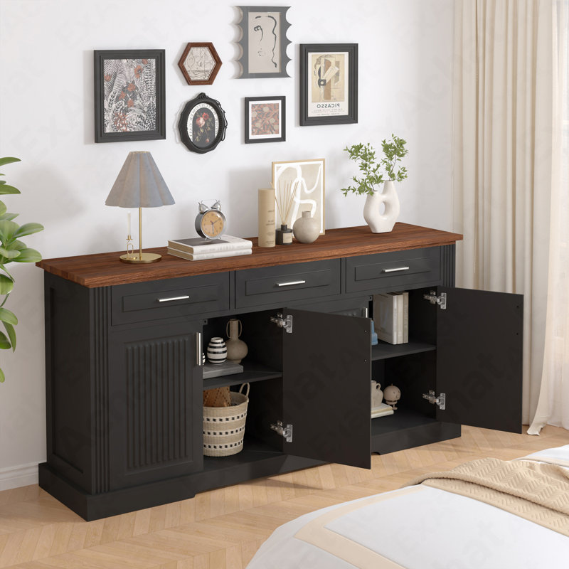 Wooden 63" Fluted Storage Sideboard - 4-Door 3-Drawer Coffee Bar Console For Living Room & Dining Room, Brown/Black