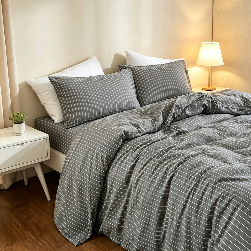 Ensemble de housse de couette rayé 100% coton lavé DONEUS, Grand lit, Dark Gray/White