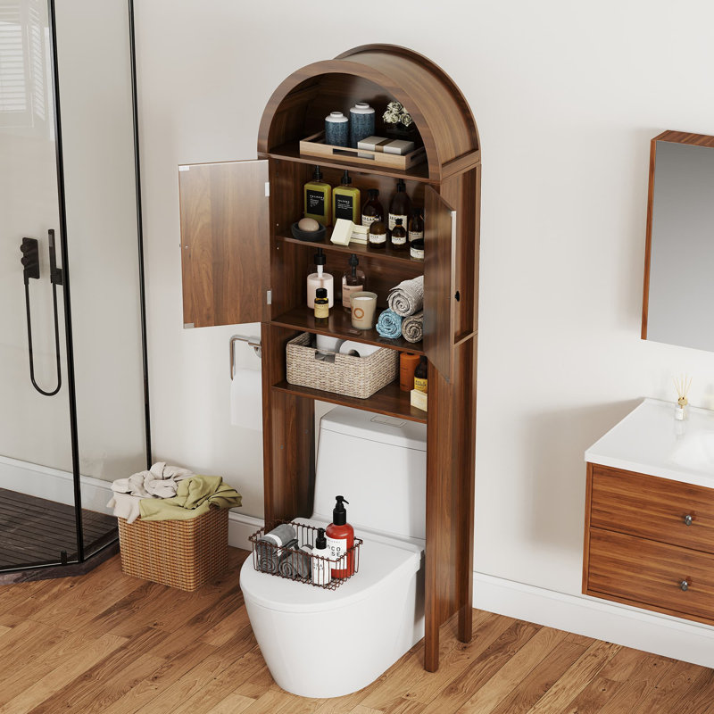 Arched Over The Toilet Storage With Fluted Doors, Small Bathroom Cabinet With Adjustable Shelf, Walnut