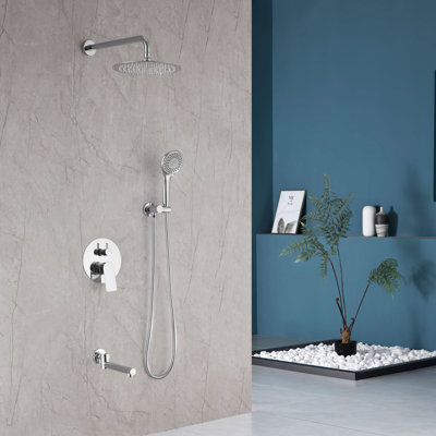 Modern 10" Round Wall Mounted Pressure Balance Rainfall Shower System With Swivel Tub Spout And Handheld Shower