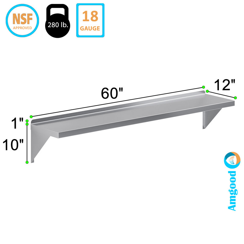 60" Stainless Steel Wall Shelf with Brackets for Kitchen and Garage