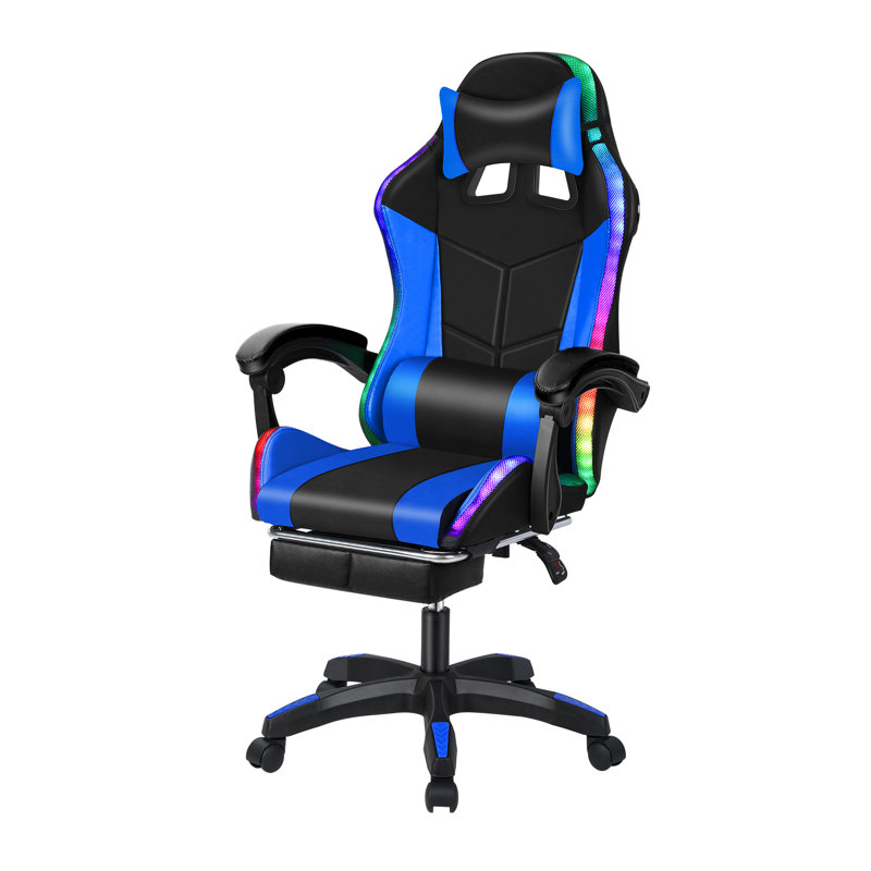 Fauteuil de jeu, fauteuil d'ordinateur de bureau avec repose-pieds et support lombaire, similicuir respirant, support lombaire et appui-tête, fauteuil pivotant à 360 degrés avec dossier ergonomique réglable pour adultes (bleu)