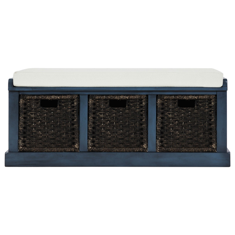 Rustic Storage Bench With 3 Removable Classic Rattan Basket , Entryway Bench With Removable Cushion, Antique Navy