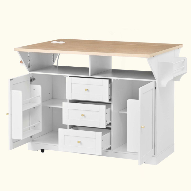 Chariot multifonctionnel pour îlot de cuisine avec prise standard américaine, armoire de rangement mobile à 5 roues, plateau supérieur épais de 1 pouce avec manuel clair et vidéo d'installation