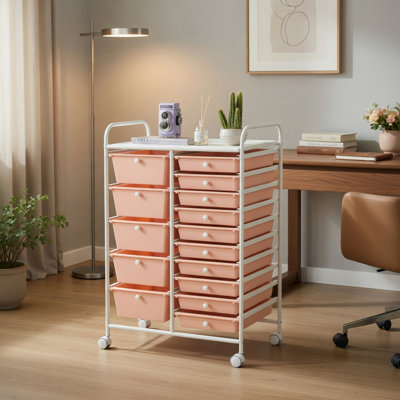  Chariot de rangement roulant à 15 tiroirs avec roues verrouillables, structure en acier beige, tiroirs en plastique, organisateur utilitaire robuste pour la maison, le bureau, le garage et la salle de classe, pêche
