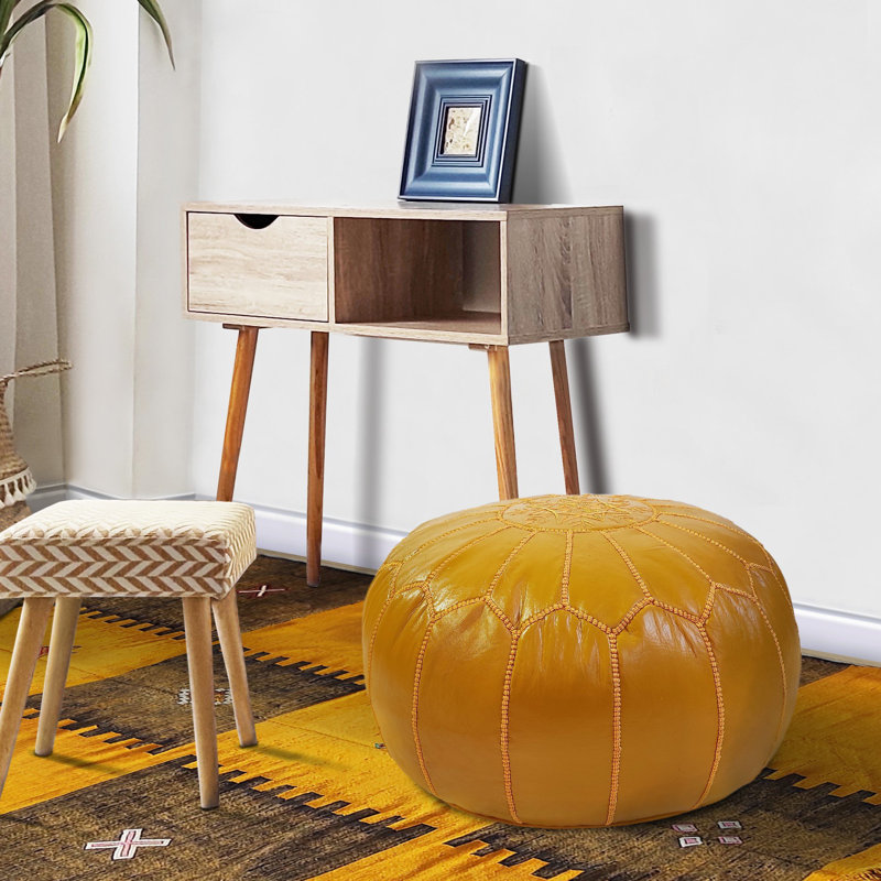 Repose-pieds marocain en cuir véritable fait à la main, Cuir véritable jaune moutarde