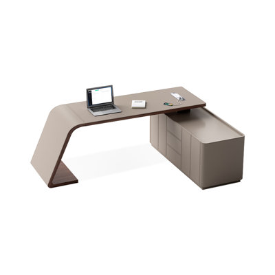 Bureau en bois manufacturé en L gris et brun noisette avec bureau à 3 tiroirs
