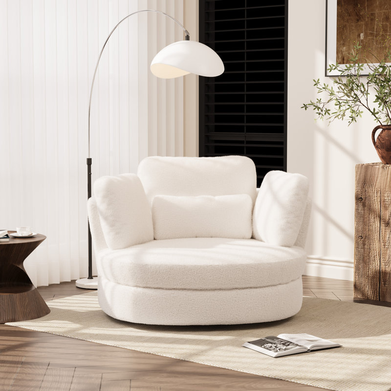 Fauteuil d'appoint en tonneau pivotant surdimensionné rembourré, Bouclé ivoire