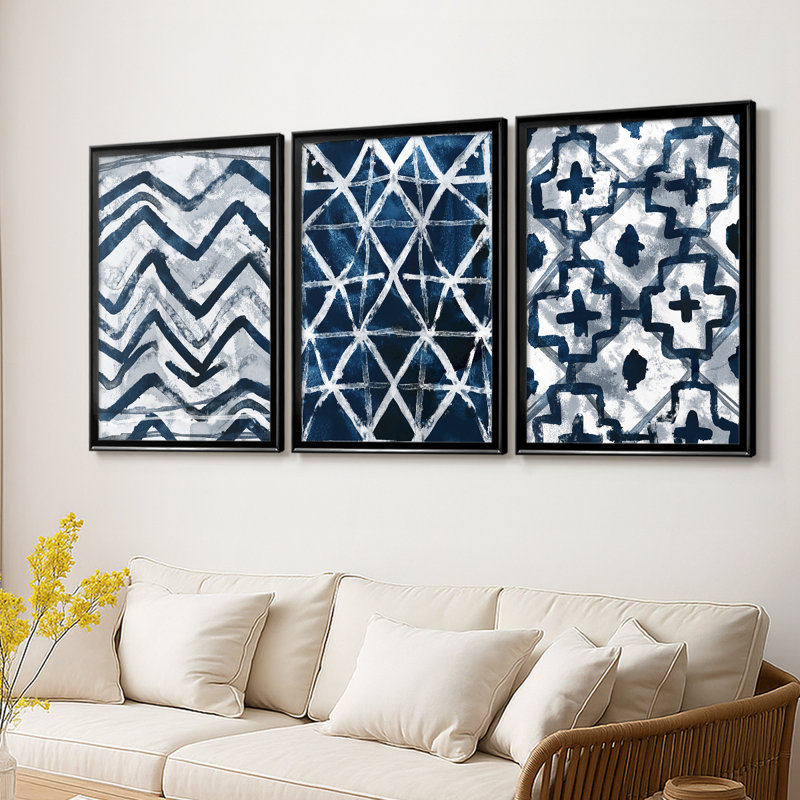 Indigo Memory IV - Toile tendue avec châssis sur mesure - 3 pièces, Noir, H 30 po x l 63 po
