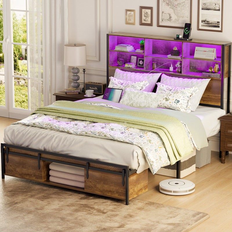 Bookcase Storage Bed, Bed Frame with Headboard and Sliding Barn Door Storage Cubbies, Full / Double
