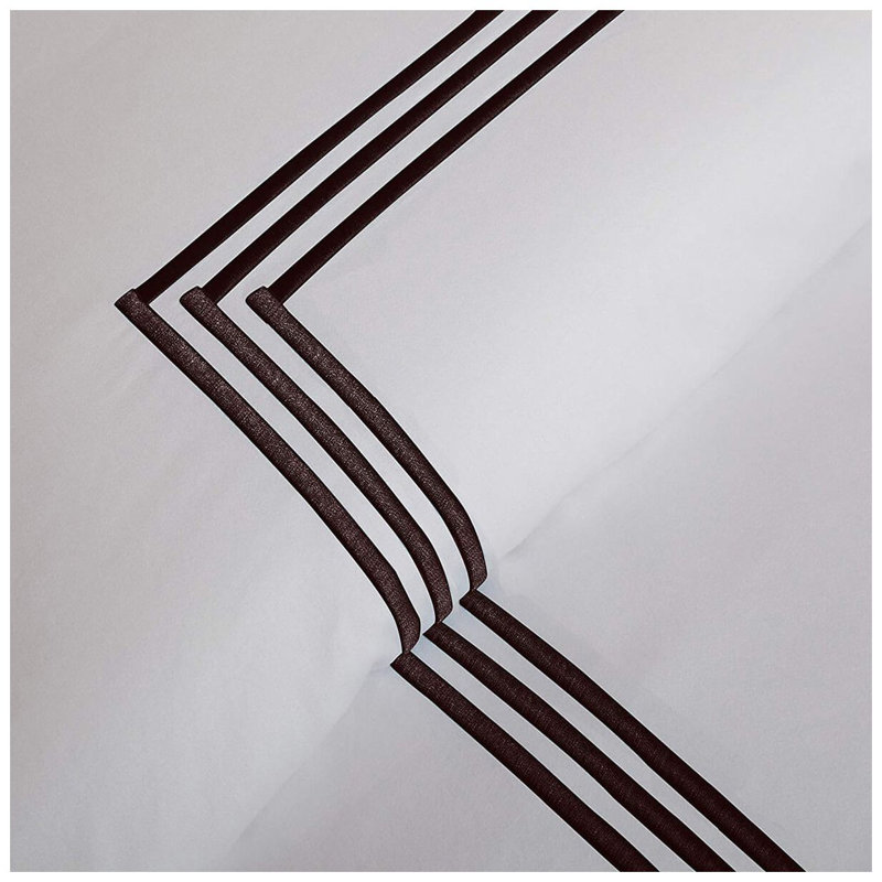 400TC Cotton Triple Embroidery Sateen Solid Duvet Cover Set, White/Chocolate, Full/Queen Duvet Cover