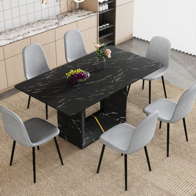 Black Marble Pattern Dining And Gray Breathable Linen Chairs - Versatile Table With Grey Chair & Radiation