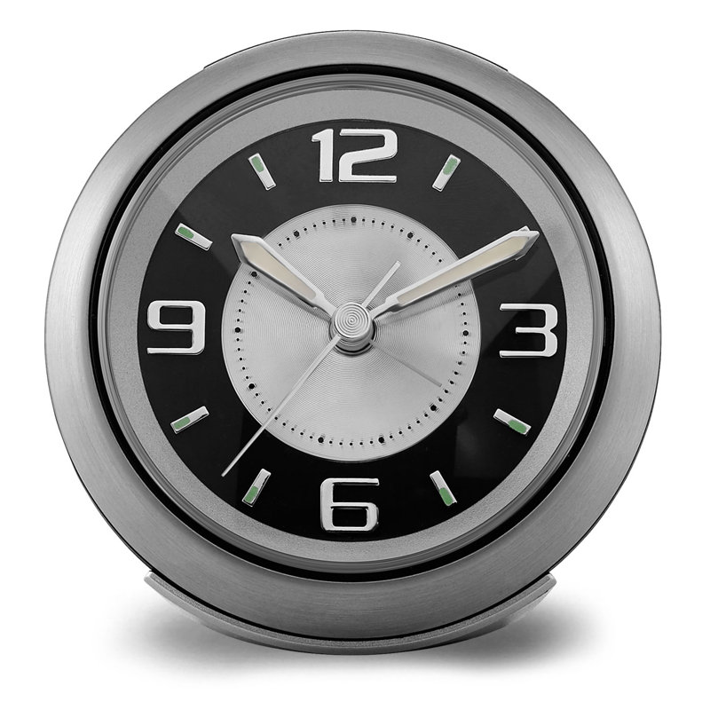 Modern & Contemporary Analog Metal Tabletop Clock with Alarm in Brushed Silver