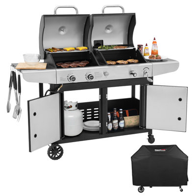 Royal Gourmet 2-Burner Gas and Charcoal Grill Combo with Cover, 20,000 BTU Cabinet Style Dual Fuel Grill for Outdoor Patio Garden Backyard Cooking, Black