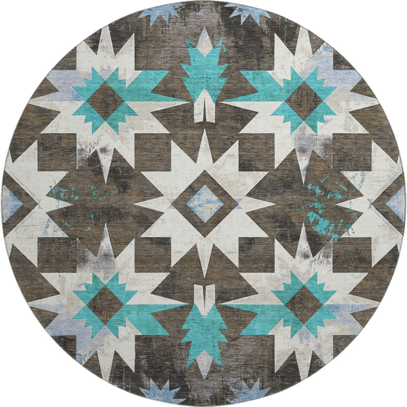 Tapis aztèque Jakiyra AMF1893 lavable à la machine de qualité supérieure, Rond 8 pi