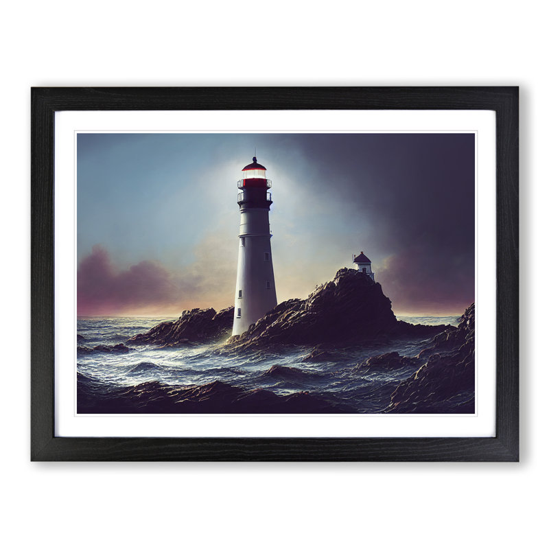 Brave Lighthouse Seascape - Single Picture Frame Print, 46cm H x 64cm W x 2cm D, Black Framed