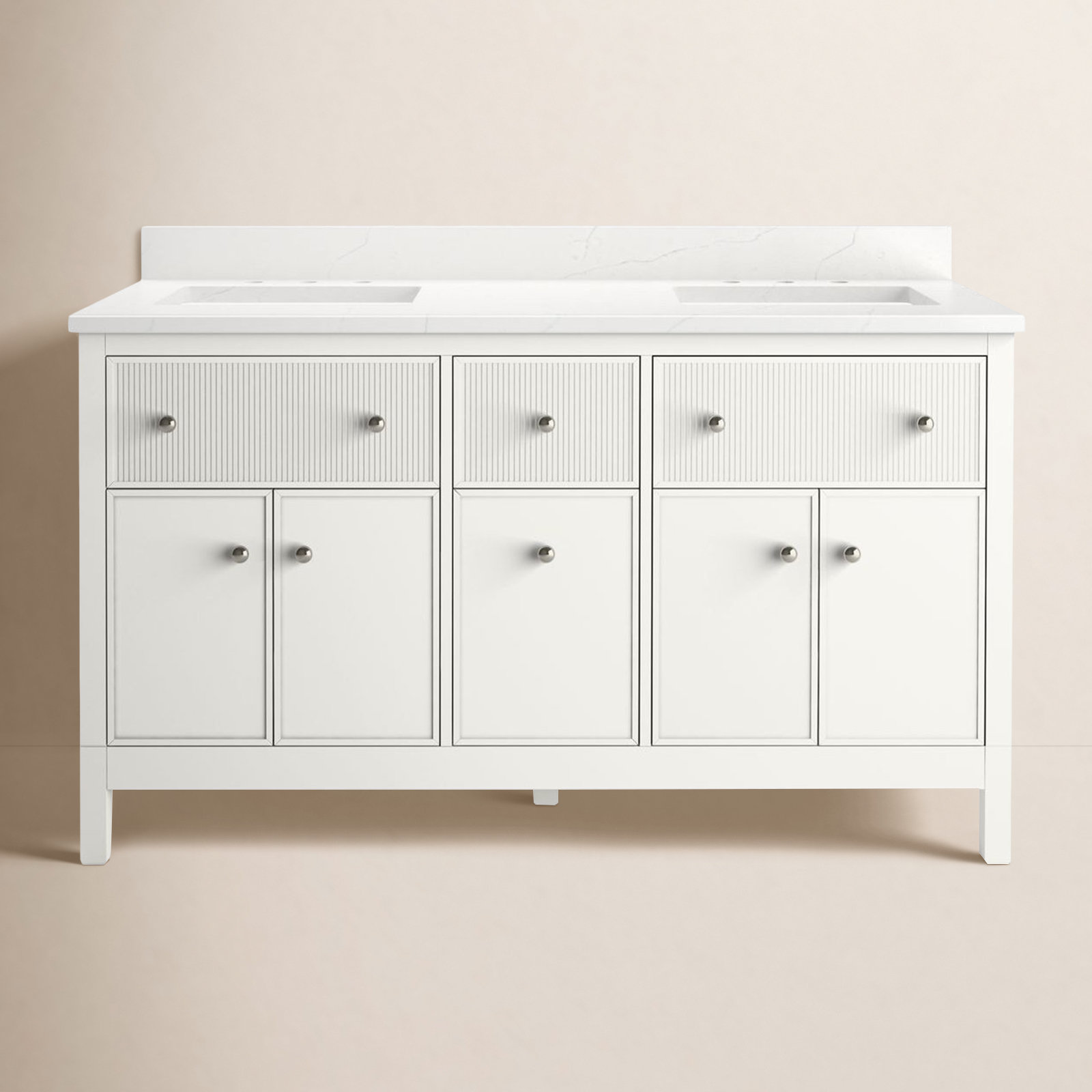 Malin By Studio McGee 72 in. Bathroom Vanity Cabinet With Sinks And Quartz Top, White, Polished Nickel