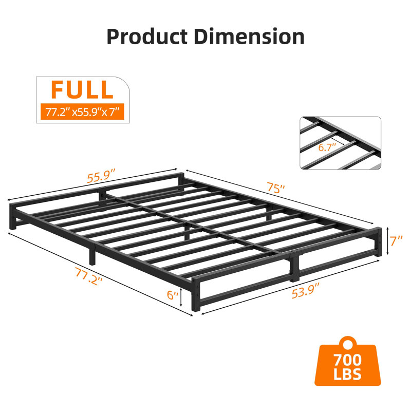 Structure de lit plat, plateforme en métal robuste avec conception sans boîte, assemblage facile sans outil, profil bas peu encombrant, rangement sous le lit et style minimaliste moderne