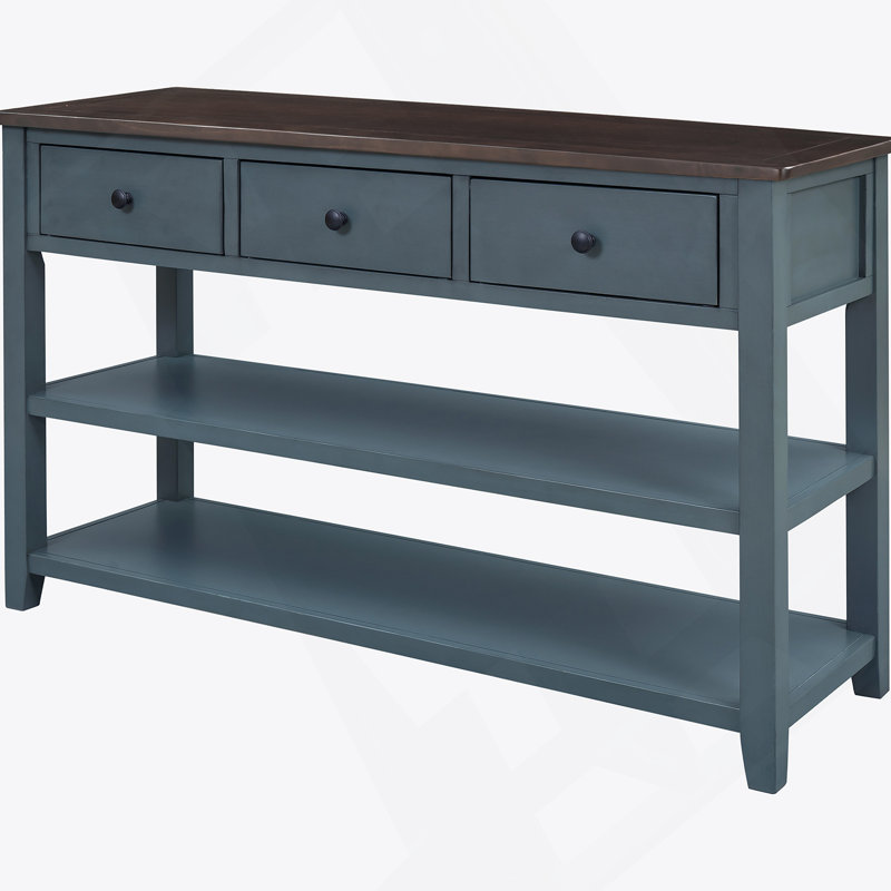 Console rétro avec deux tablettes ouvertes, structure en bois de pin massif et pieds pour le salon (bleu marine), Marine