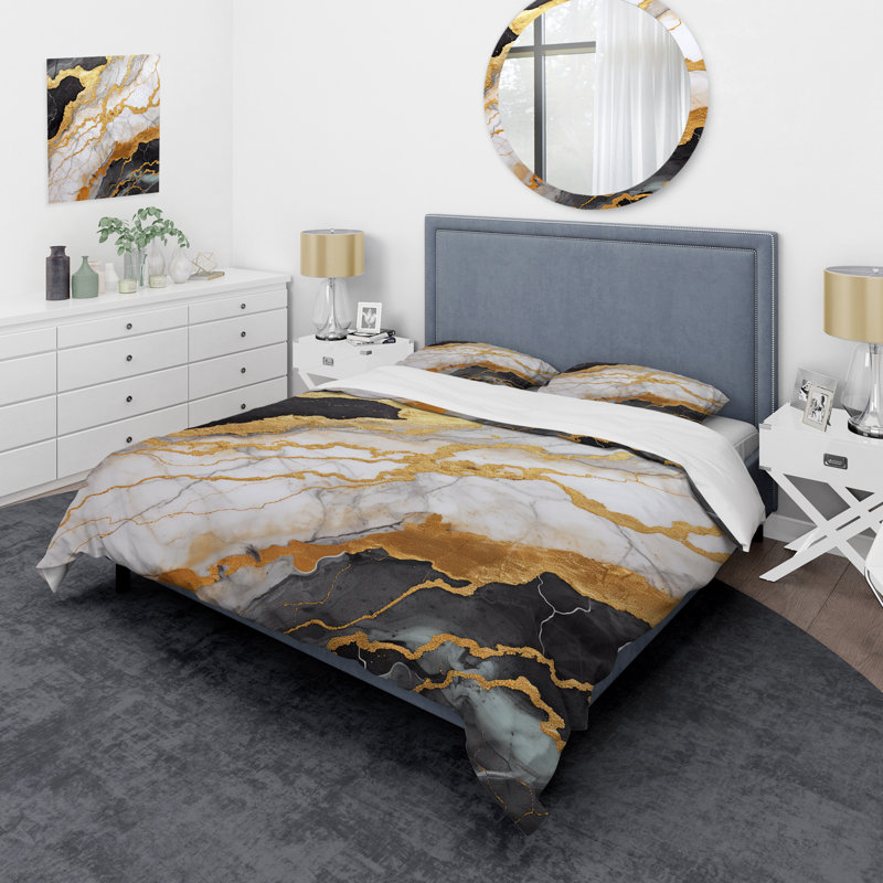 Ensemble de housse de couette en marbre abstrait doré et gris, Housse de couette pour très grand lit et 2 très 