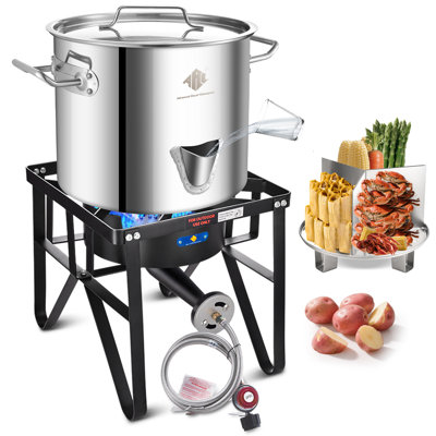 ARC Stainless Steel Steamer Pot with Propane Burner for Outdoor Cooking - Large Pot with Water Spout, Divider and Steamer Rack 40QT
