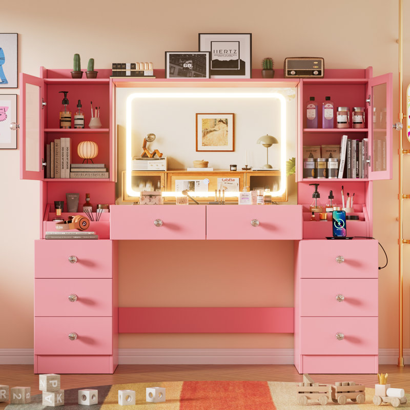 55.1" Large Vanity Desk With Mirror And Lights, Makeup Vanity With Power Outlet And 8 Drawers, Pink
