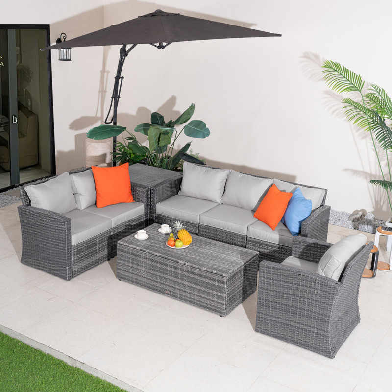 Grey Pe Rattan Modular Garden Sofa Set With Waterproof Storage Coffee Table & Ottoman, Powder-coated Iron Frame