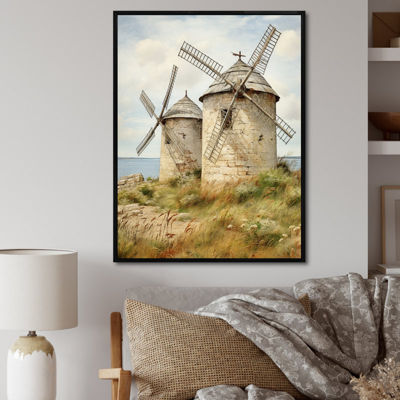 Vintage Windmills At The Beach I - Wind Turbines, art mural, Gold Picture Framed, 32" H x 24" W