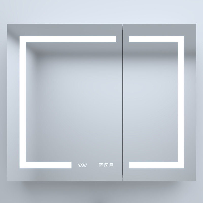 36 po L 30 po H Pharmacie rectangulaire en aluminium argenté encastré / à fixation en surface avec miroir DEL et horloge
