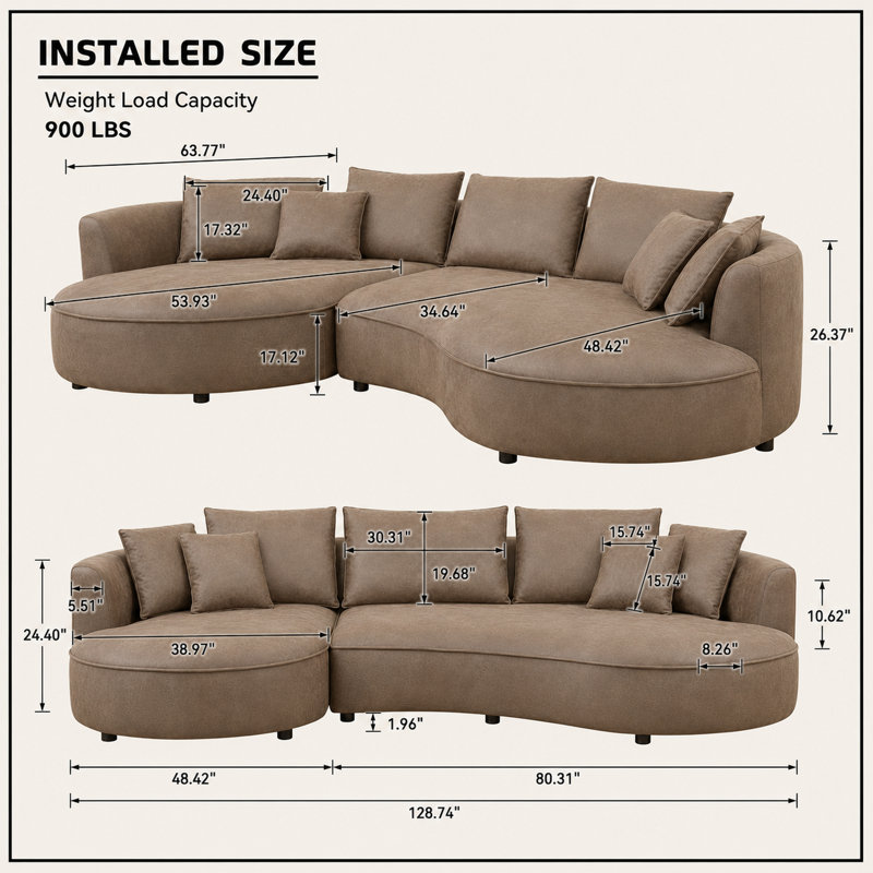 Lakera 128“ Modern Faux Leather Sectional Curved Sofa with Left Chaise, Upholstered Brown Leathaire Couch, Leather Sectional Sofas