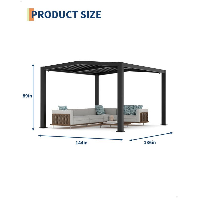 Pergola en aluminium 11 x 13 pi avec toit ajustable, drainage intégré et structure renforcée