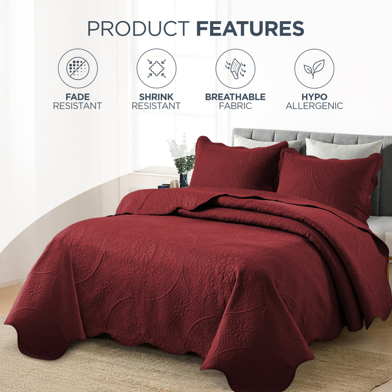 Floral Embossed Quilted Bedspread Set – Soft Lightweight Microfiber Bedding with Pillow Shams, Reversible & All-Season Comfort