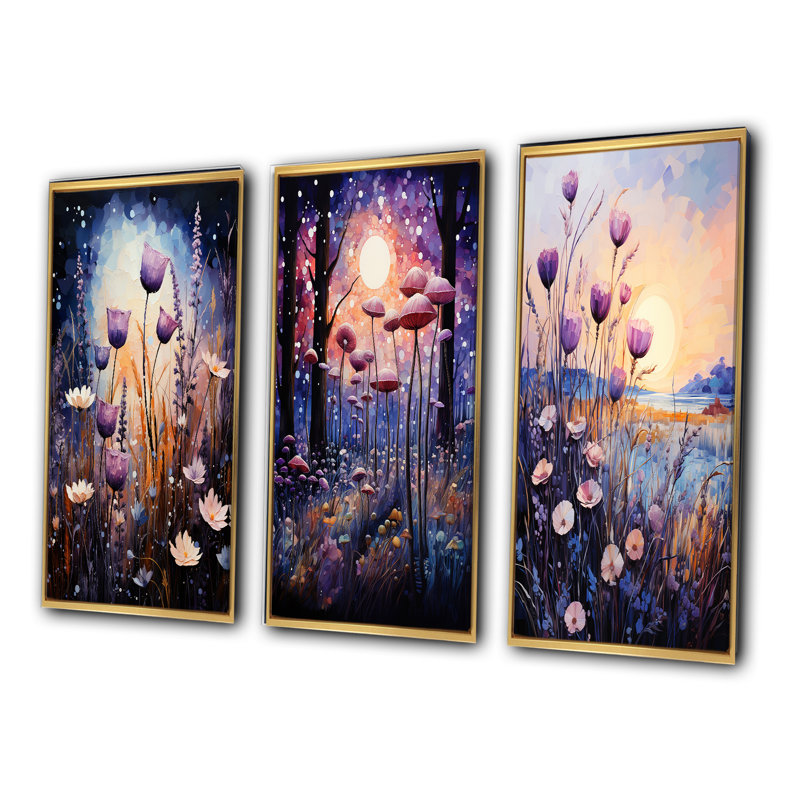 «Purple Thistle Symphony», 3 pièces sur toile, H 40 po x l 20 po, Encadrement doré