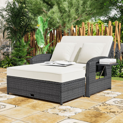 Outdoor 2-Person Recliner Chaise Lounge with Adjustable Backs, Cushions and Weatherproof Cover