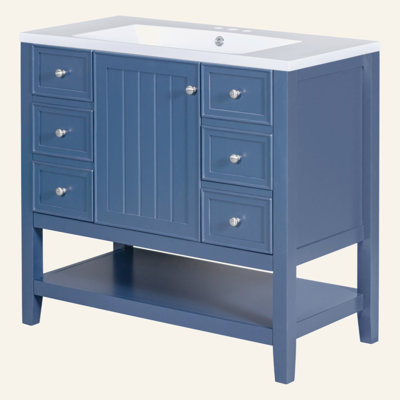 Meuble-lavabo 36 po avec lavabo intégré | 1 armoire et 3 tiroirs pour un grand rangement | Fabrication en bois massif résistant à l'eau et en panneau de fibres à densité moyenne | Organisateur de salle de bain moderne pour articles de toilette et li