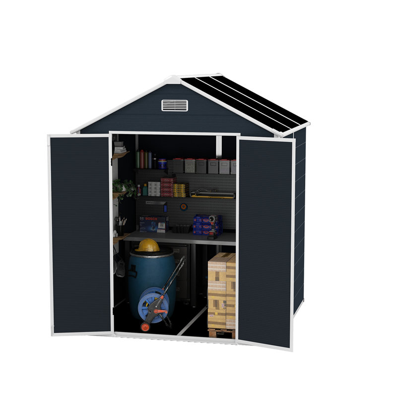 Remise de rangement en résine de 6 pi 6 pi Campcraft, matériau en PP de haute qualité avec porte verrouillable, structure solide, imperméable, résistante à la rouille et aux rayons UV, grand espace de rangement, panneau de panneau de particules épais de 12 mm, éclairage de fenêtre HD gris foncé